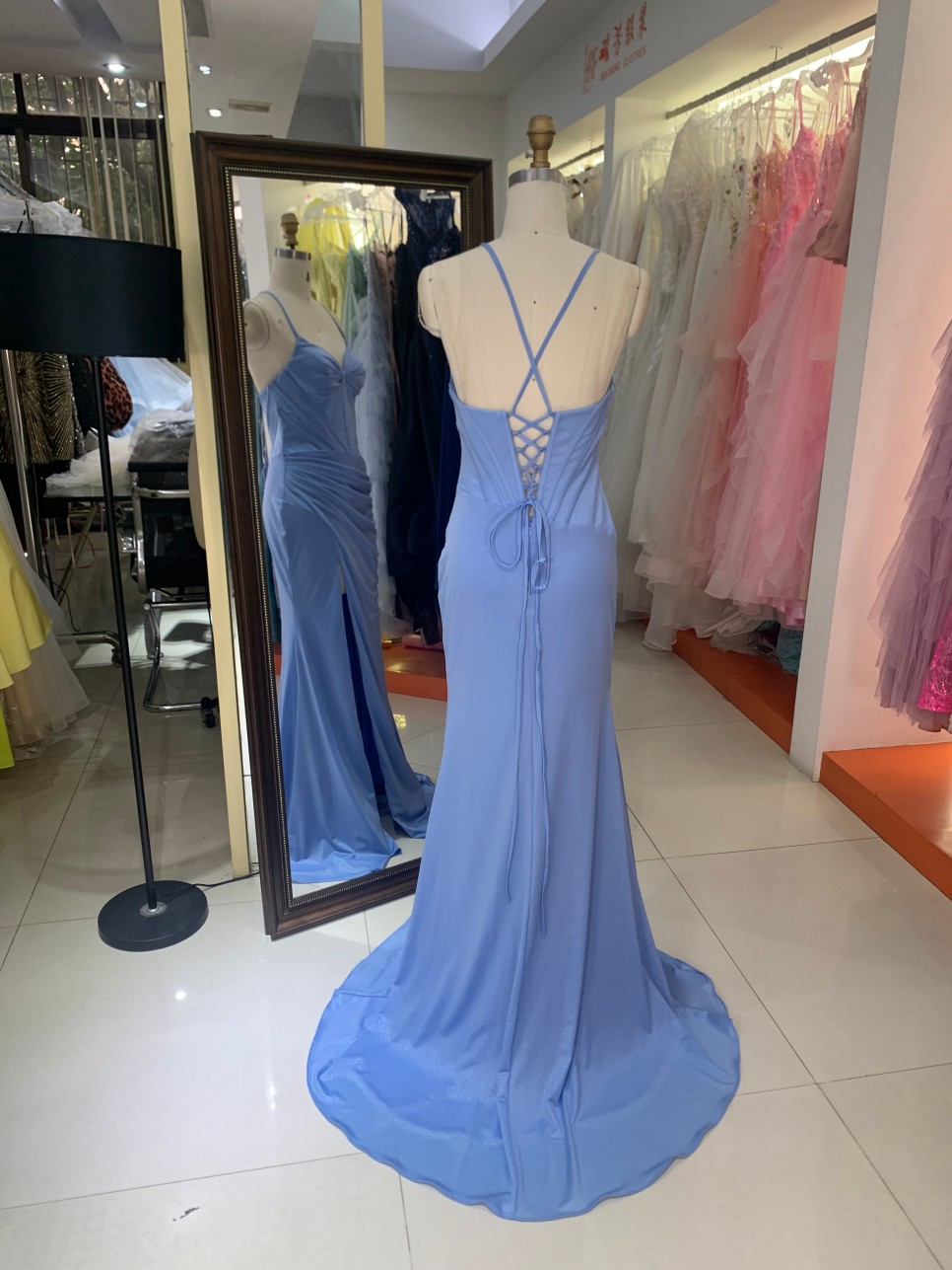 Elegant Light-blue Mermaid with High Slit and Lace up Back Wedding Dresses for Guests