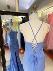 Elegant Light-blue Mermaid with High Slit and Lace up Back Wedding Dresses for Guests