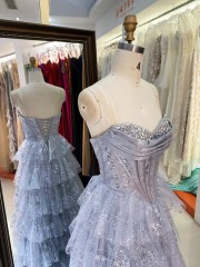 Dusty Blue Wholesale Prom Dresses 2026 2027 Evening Dress Factory Strapless Rhinestone Corset Tiered Ruffle Ball Gown Supplier