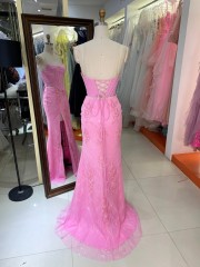 Pink Strapless Mermaid Evening Gown Wedding Dresses for Guests with Lace Floral Appliques Tulle Mermaid Train