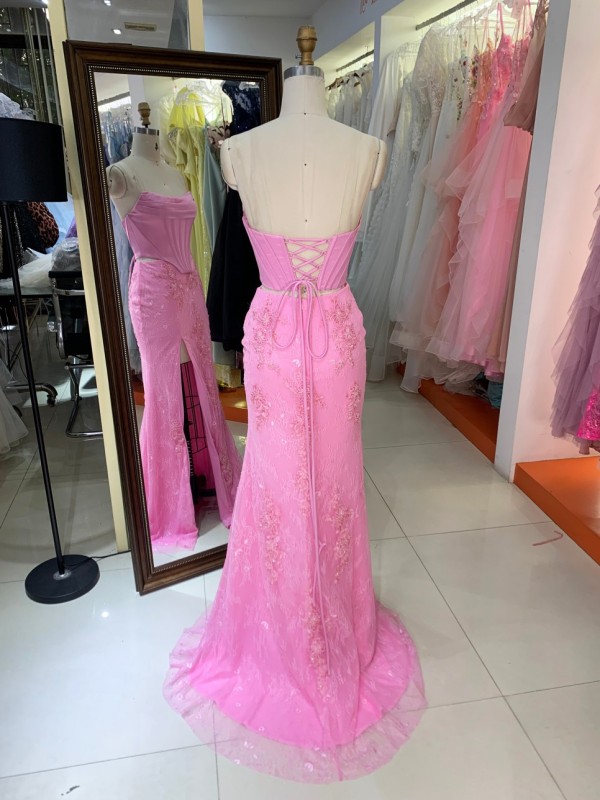 Pink Strapless Mermaid Evening Gown Wedding Dresses for Guests with Lace Floral Appliques Tulle Mermaid Train