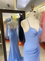 Elegant Light-blue Mermaid with High Slit and Lace up Back Wedding Dresses for Guests