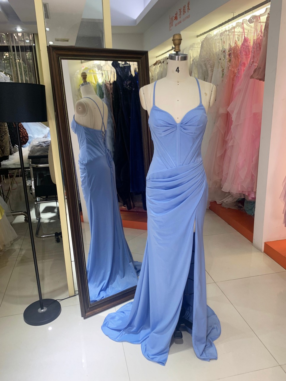 Elegant Light-blue Mermaid with High Slit and Lace up Back Wedding Dresses for Guests