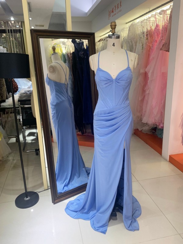 Elegant Light-blue Mermaid with High Slit and Lace up Back Wedding Dresses for Guests