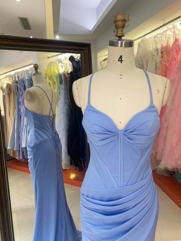 Elegant Light-blue Mermaid with High Slit and Lace up Back Wedding Dresses for Guests