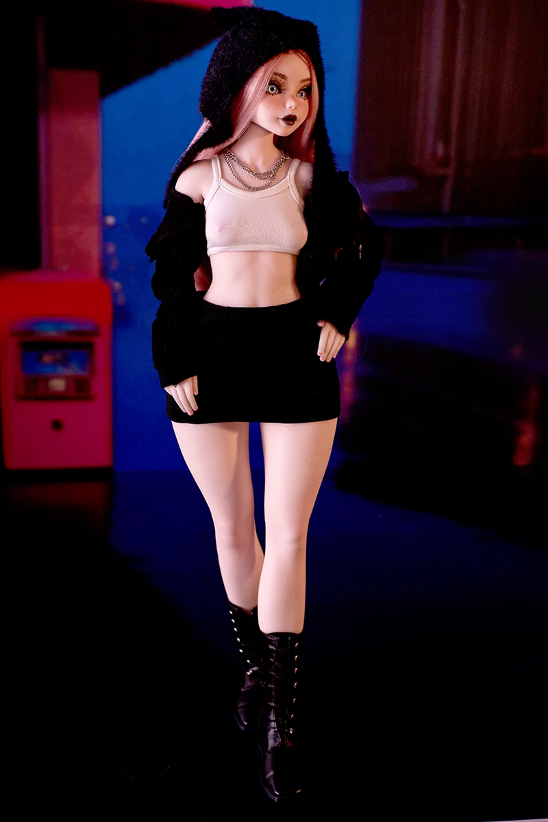 Silicone-mini-sex-doll-Hilary-wearing-clothes-front-view-display