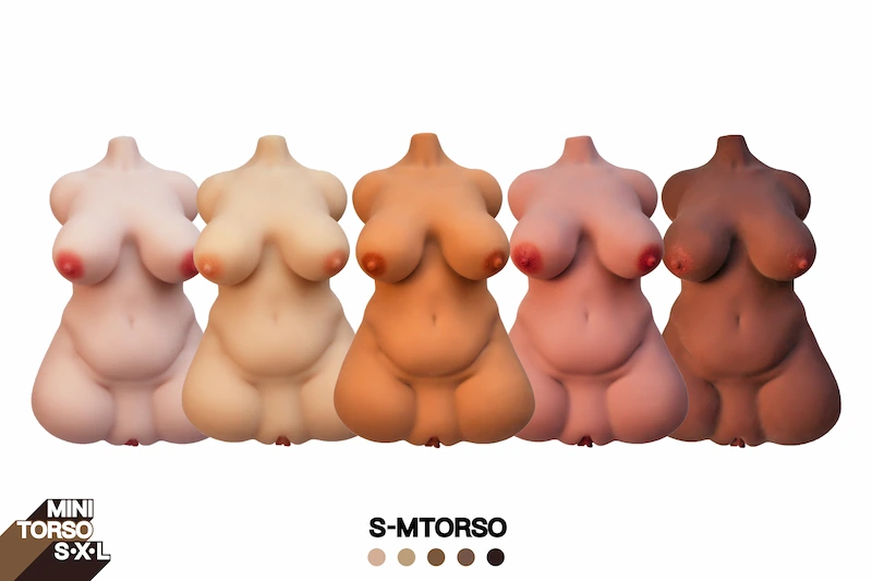 Mini-sex-doll-torso-s-mtorso-five-skin-tones-front-view-display