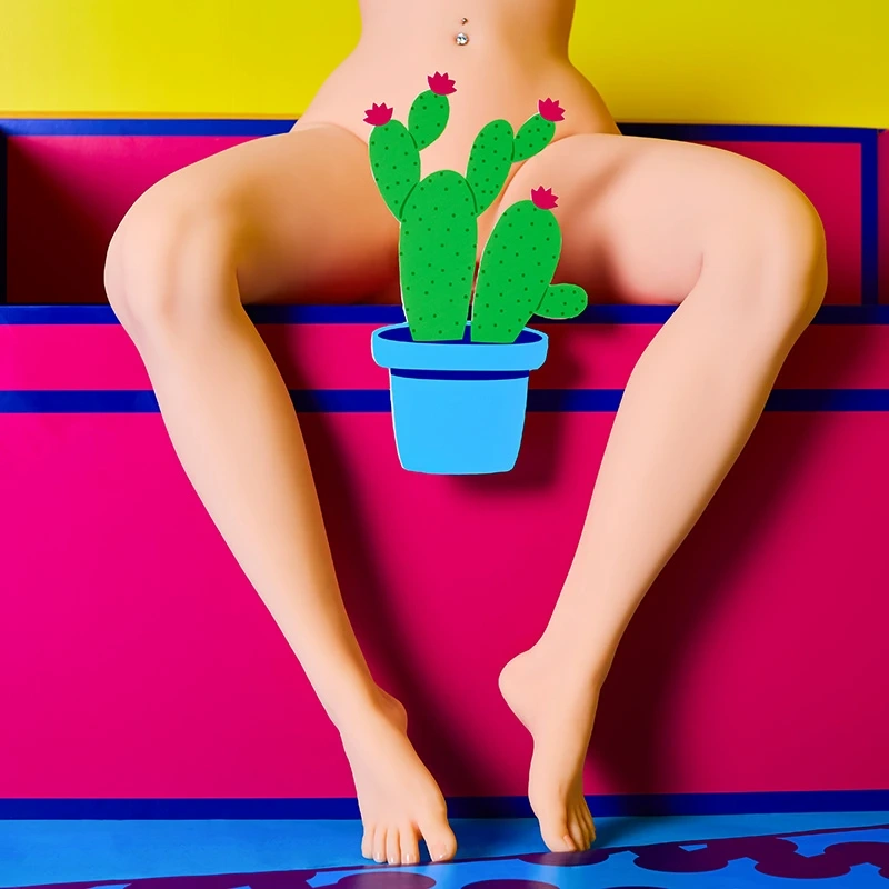 Sex-toy-torso-fat-legs-yellow-sitting-sofa-front-view