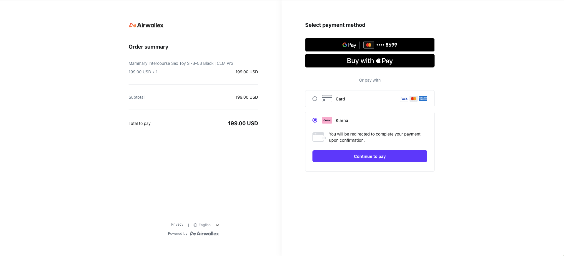 Airwallex payment page with Google Pay, Apple Pay, Card and Klarna options