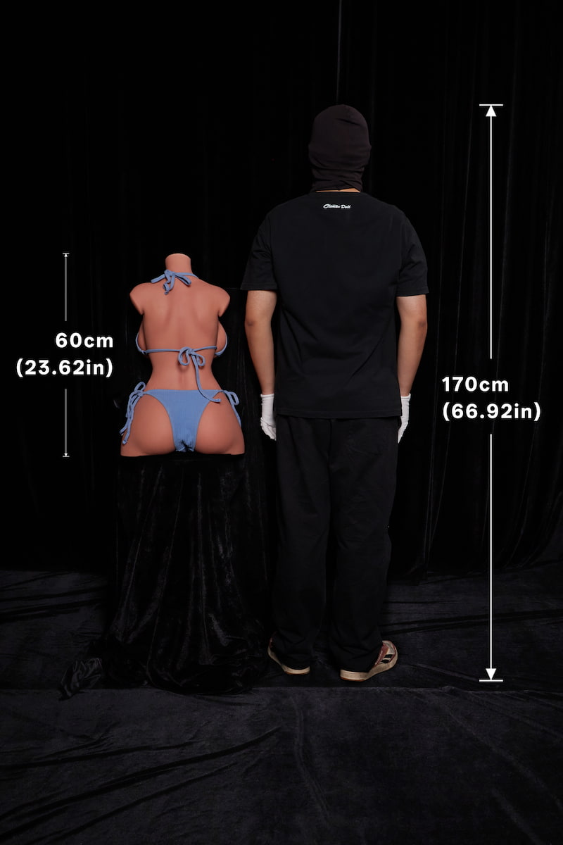 ULW662#Hedia: A rear-view size comparison showing the 60cm headless half-body doll next to a 170cm adult male, providing an intuitive reference for its waist-to-hip ratio and physical scale.