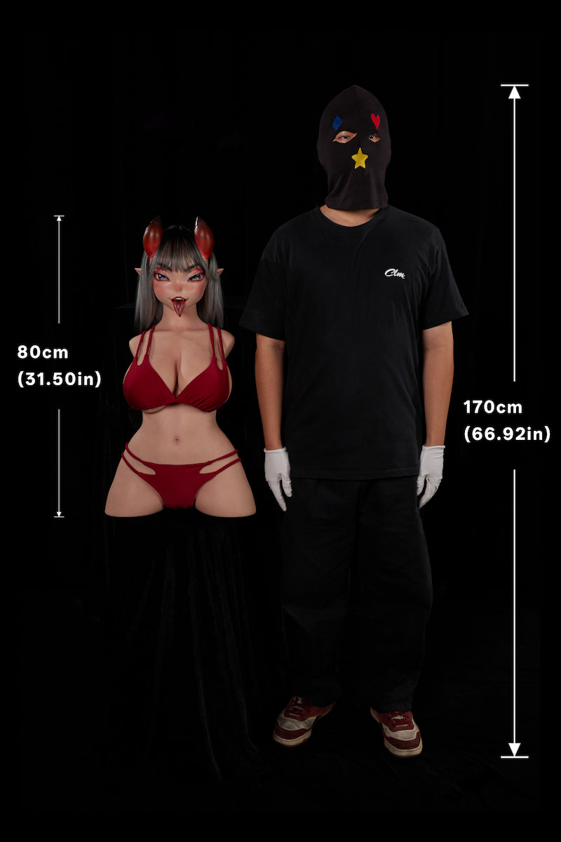 ULW 664# Meru: This comparison photo shows a real woman holding the anime-style doll with straight-banged grey hair and her tongue out, highlighting the doll's petite, compact body proportions next to a human.