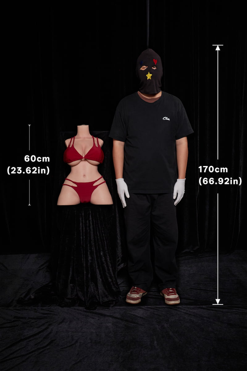 ULW 664# Meru: This front-view size comparison photo shows the headless torso doll in a red bikini next to a human, with the doll's height labeled as 60cm, visually presenting her fair, delicate realistic skin, exceptionally full breasts, and a slender hourglass waist against a dark background.