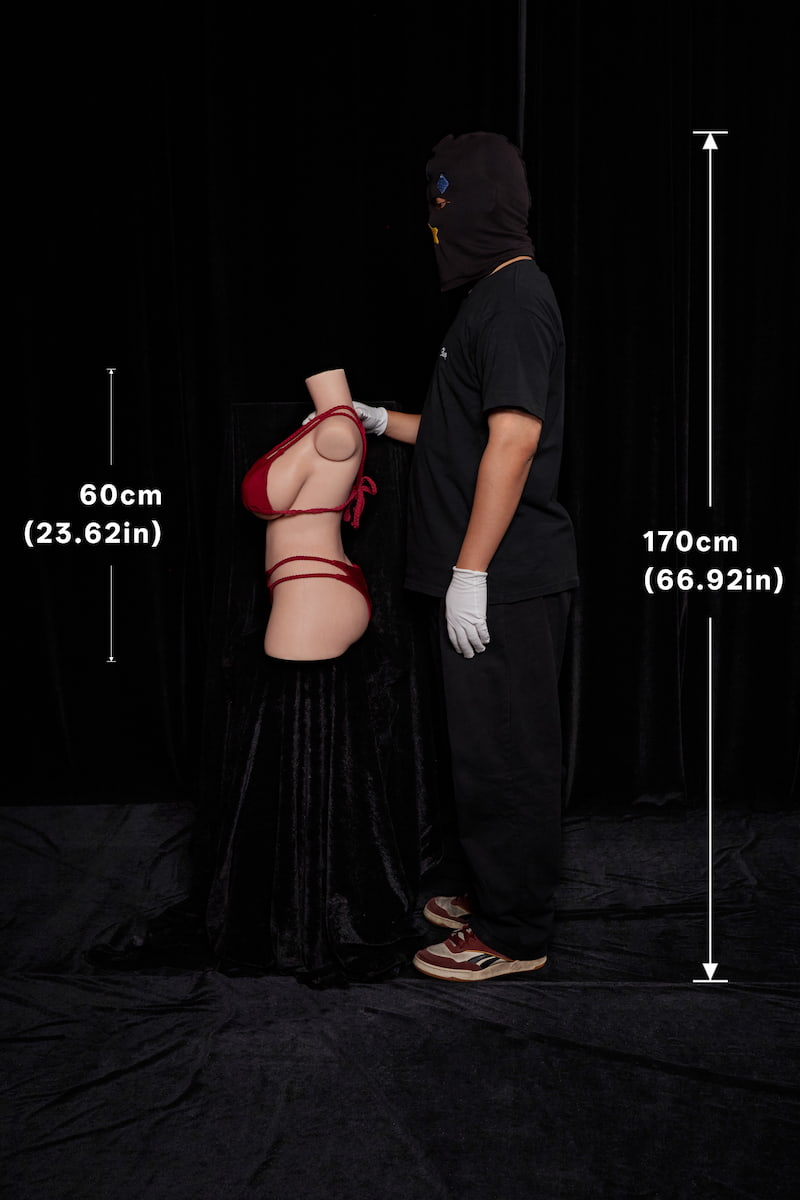 ULW 664# Meru: This side-view size comparison photo displays the torso doll with a labeled height of 60cm, highlighting her fair realistic skin and a dramatic S-curve profile.