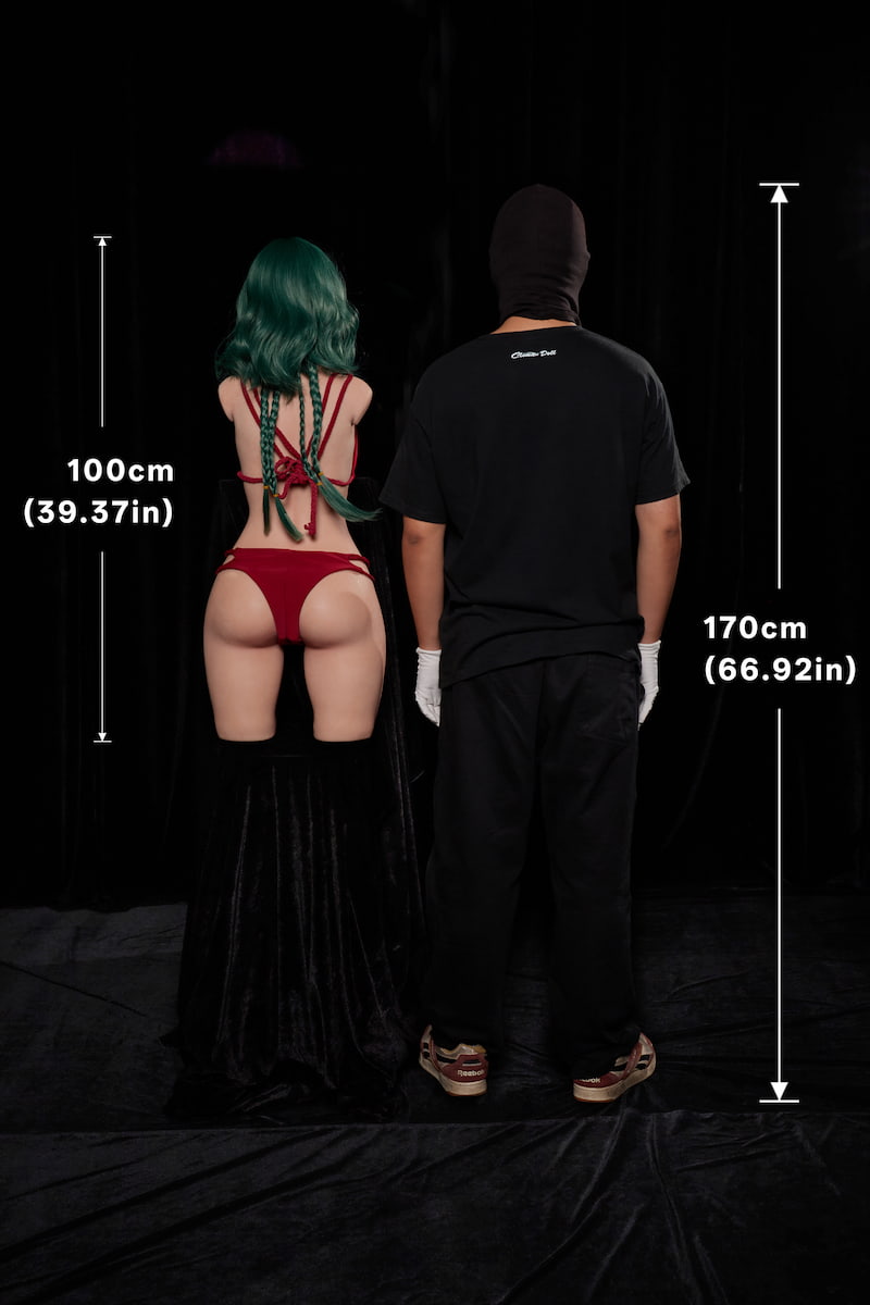 ULW 881# Mayu: This rear-view full-body comparison image captures the doll alongside a 170cm tall person from behind, featuring her dark green wavy hair with long braids in a red bikini, with her height marked at 100cm to visually present her back profile and petite proportions.