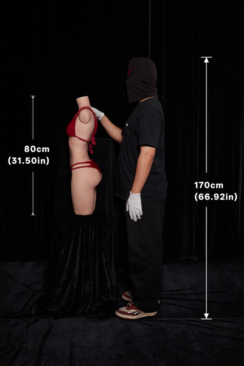 ULW 881# Mayu: This side-view full-body image showcases a size comparison between the headless doll torso and a 170cm tall person, featuring the doll in a red bikini with her height marked at 80cm to clearly present her curvaceous S-line profile.