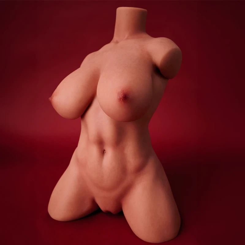 ULW 663# Emma: This three-quarter view captures the doll's torso in a fully naked display against a dark red backdrop, beautifully presenting her exceptionally full, prominent breasts, well-defined abdominal muscles, and smooth, realistic skin texture.