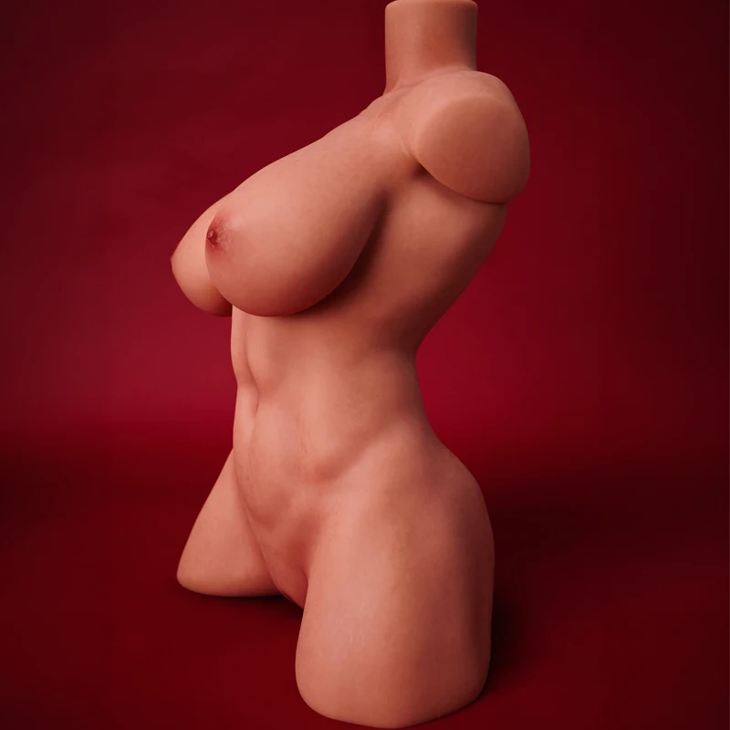 ULW 663# Emma: This side-profile view captures the naked silhouette of the doll's torso against a vivid red backdrop, perfectly outlining her full breast profile, smooth waist contours, and soft, lifelike skin texture.