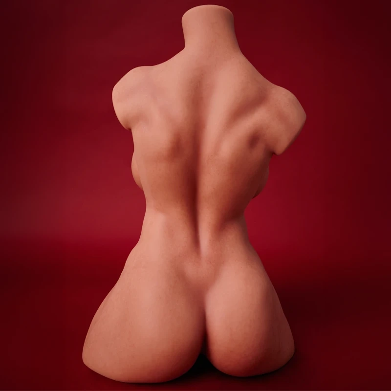 ULW 663# Emma: This straight-on rear view showcases the doll's naked torso from behind against a red background, highlighting her defined spinal groove, firm back muscles, and smooth, flawless skin texture on the rounded hips.