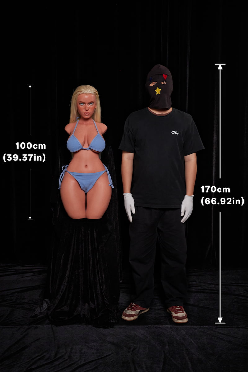 ULW 883# Fiora: This front comparison shot features the 100cm blonde doll in a blue bikini standing next to a 170cm adult male, visually highlighting its compact proportions and realistic, healthy skin textures.
