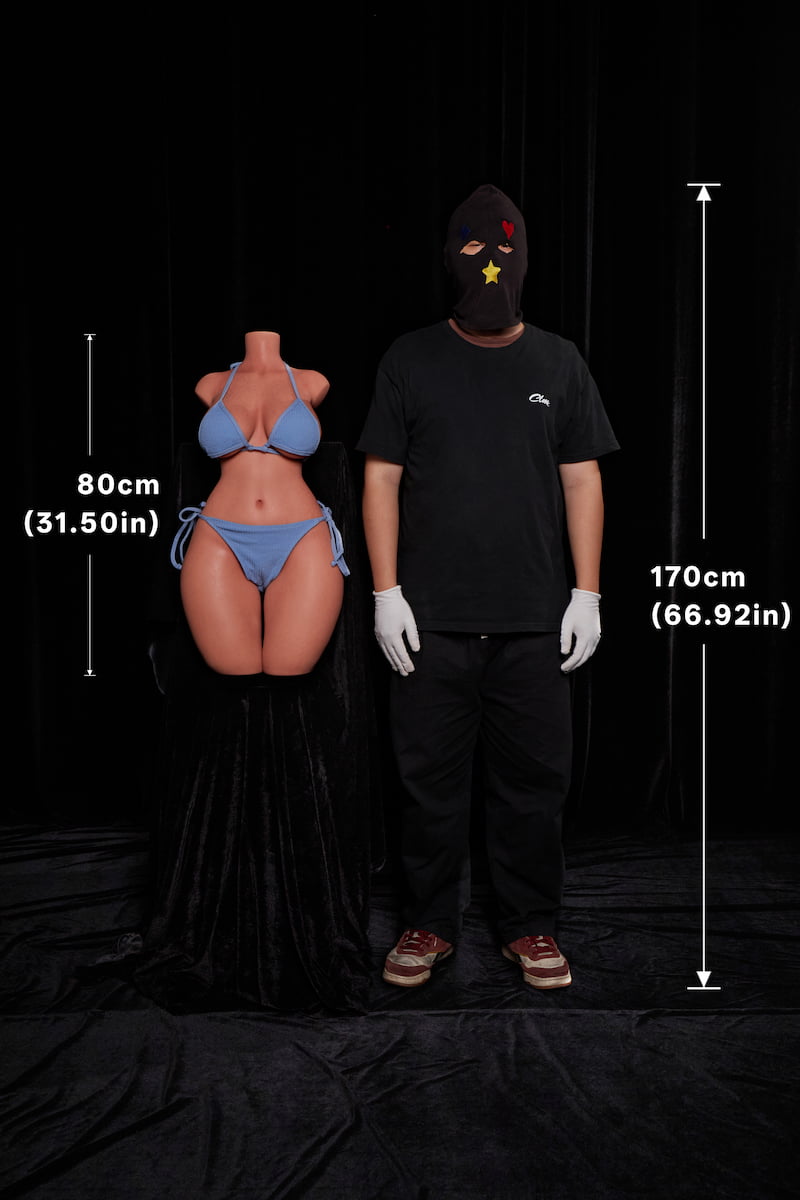 ULW 883# Fiora: This front-view comparison shot highlights the 80cm blonde doll in a blue bikini standing next to a 170cm adult male, visually demonstrating its ultra-compact yet voluptuous proportions and realistic, healthy skin textures.