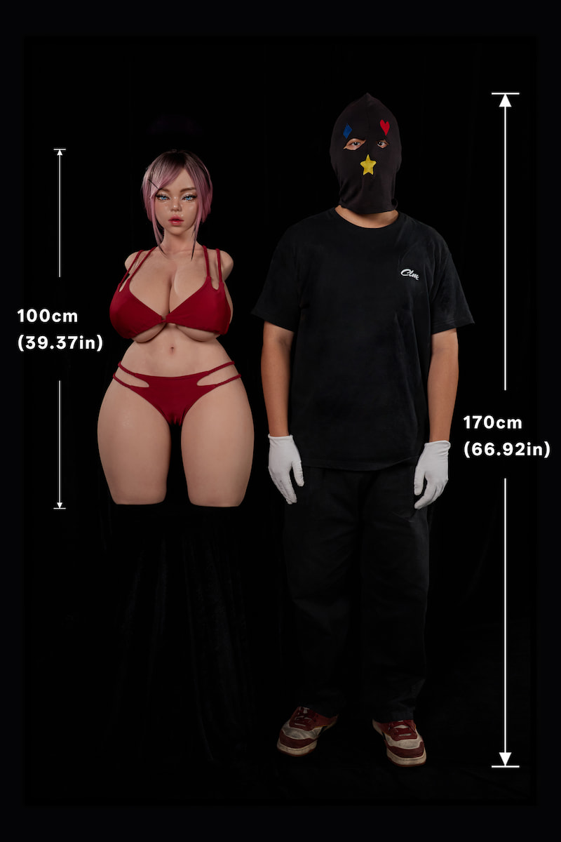 ULW 884# Rhea: A size comparison showing the 100cm pastel purple-haired half-body doll alongside a 170cm adult male, providing a direct visual reference for its scale and physical proportions.