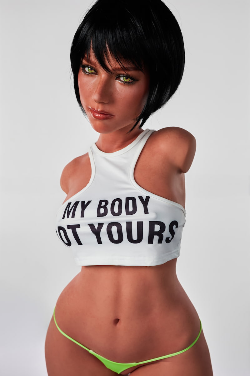 ULW 882# Livia: This main front view features a doll with short black hair in a white cropped tank top, highlighting a healthy skin tone accented with realistic freckles and fine textures for a lifelike, natural appearance.