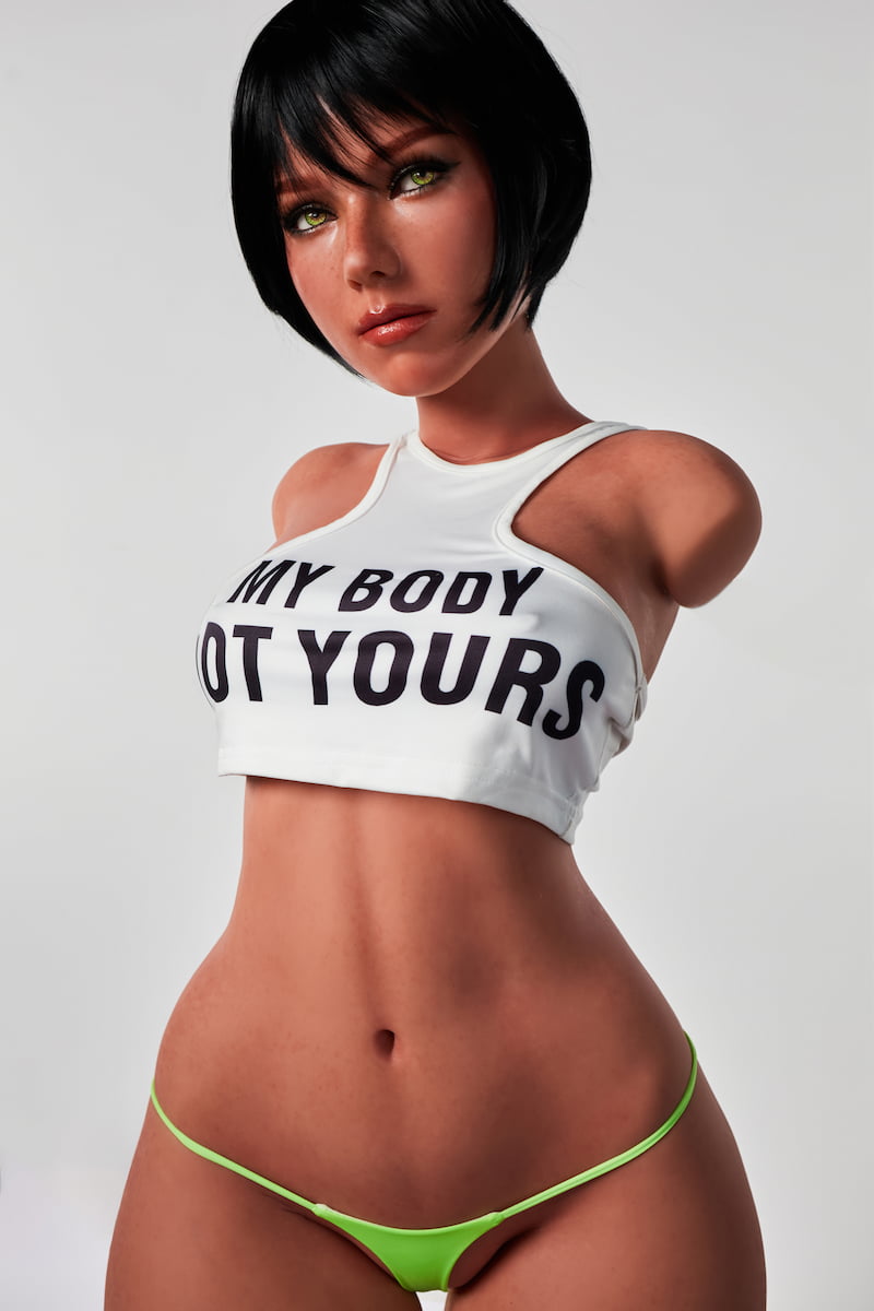 ULW 882# Livia: This front close-up showcases a voluminous half-body torso in a white printed crop top, featuring healthy skin tones with detailed freckles, textures, and natural shadows for a highly realistic visual presentation against a simple background.