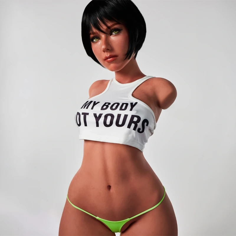 ULW 882# Livia: This main image features a half-body torso with a detailed short-haired head sculpture, wearing a white crop top and green bikini, highlighting a slender waist, voluminous hip curves, and healthy skin accented with realistic freckles.