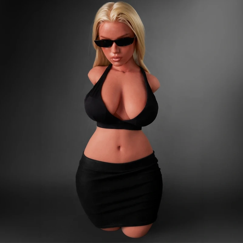 ULW 883# Fiora: This main front image highlights the blonde half-body doll wearing sunglasses, dressed in a black halter top and skirt, emphasizing her full breast contours and tight midsection.