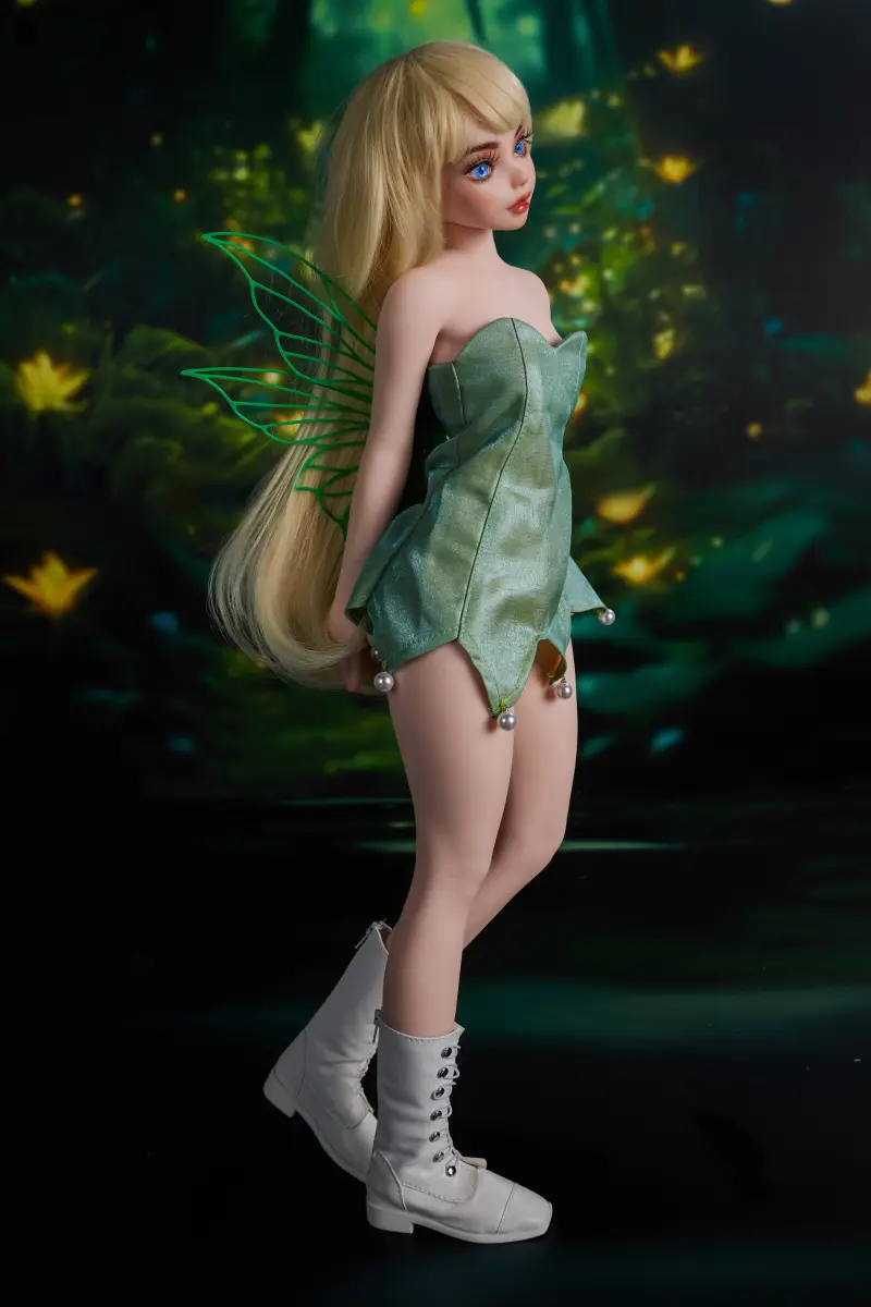 Mini Fairy Fantasy Sex Doll Holly – Cinnamon Skin Full Body Side View in Green Fairy Dress with Blonde Hair | CLM Classic