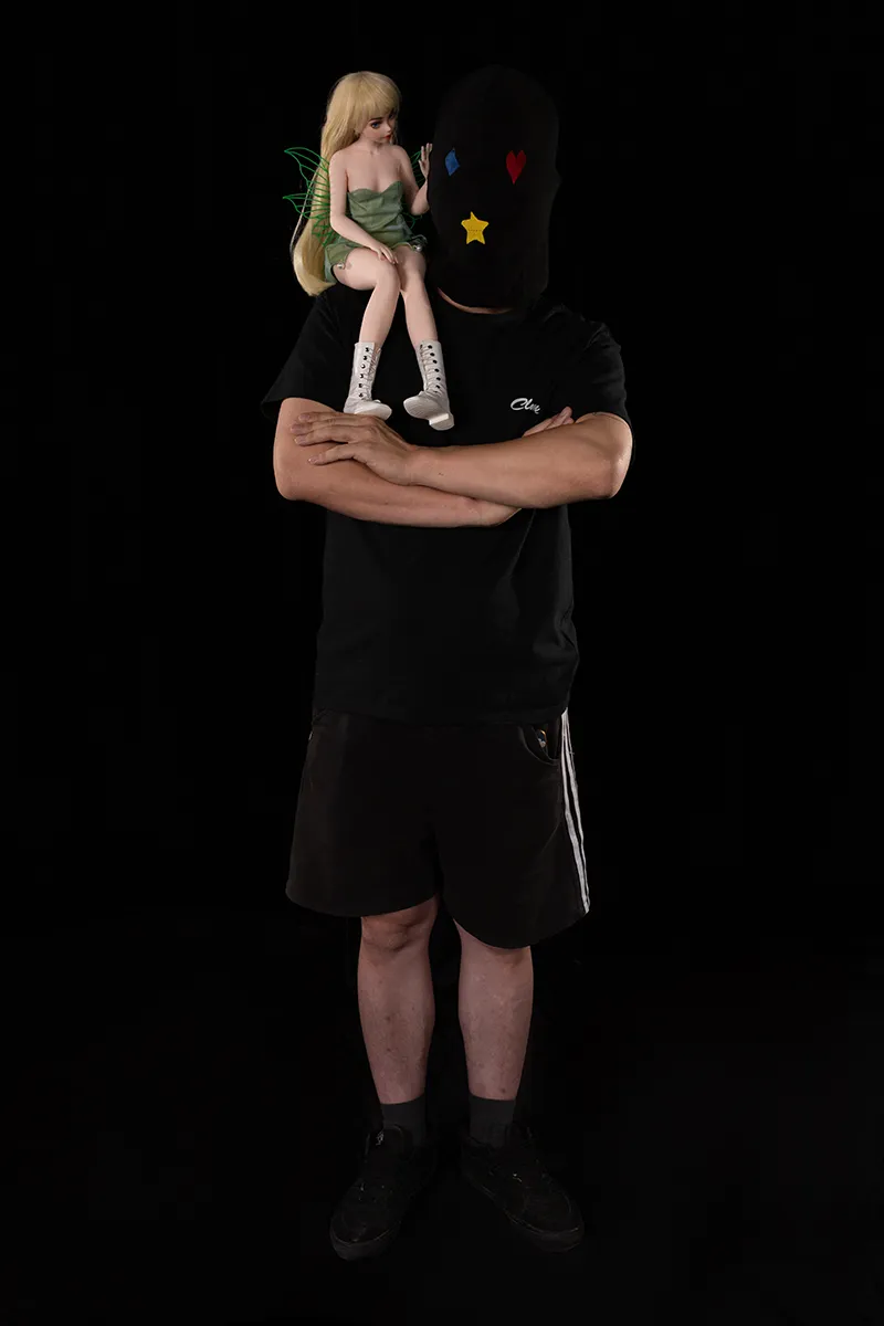Mini Fairy Fantasy Sex Doll Holly – Size Comparison Man Holding Doll on Shoulder Showing 60cm Compact Scale | CLM Classic