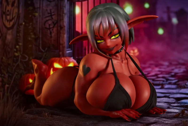 Zarga red skin goblin doll lying pose in black bikini beside jack-o'-lanterns