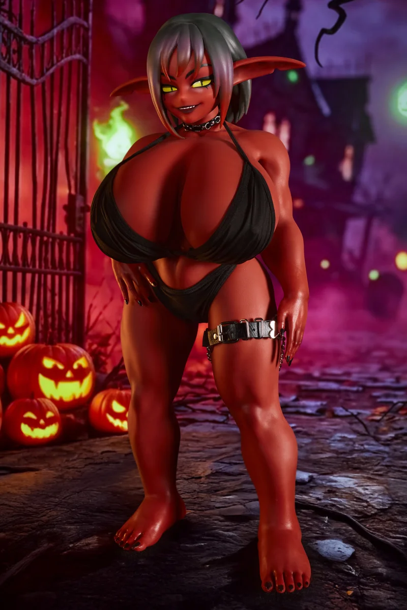 Red skin goblin mini sex doll Zarga standing by gothic gate with green lantern lights