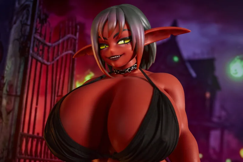 Zarga goblin doll upper body in black bikini, Halloween gate backdrop