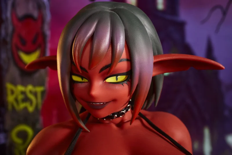 Close-up of Zarga goblin face with pointed ears, yellow eyes and grey-black hair