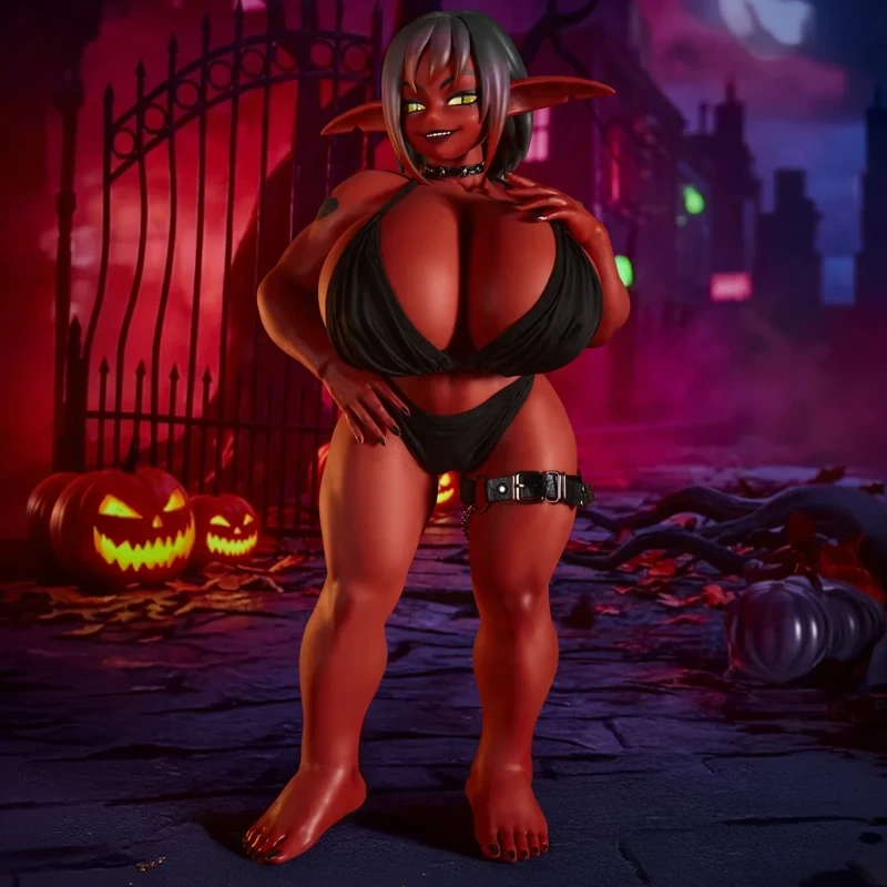 CLM Si70 GB Zarga red skin goblin doll front view in black lingerie with jack-o'-lanterns
