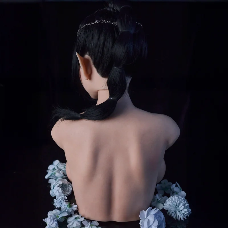PW-U3 Rosetta elf torso back view with long black hair and skin texture across shoulders and back