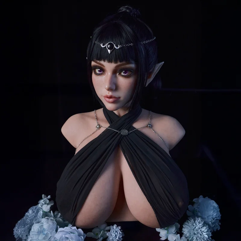 PW-U3 Rosetta elf head and chest torso sex doll, front view in black halter top with blue flowers