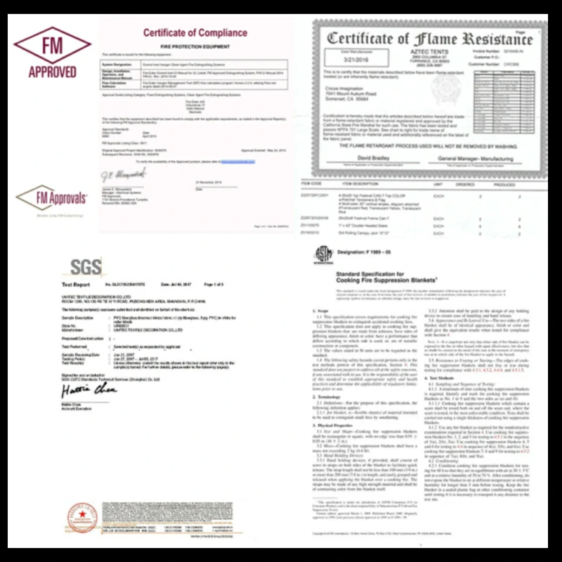 FM4950, ASTMF 1989, ATEX, NFPA 701 certifications