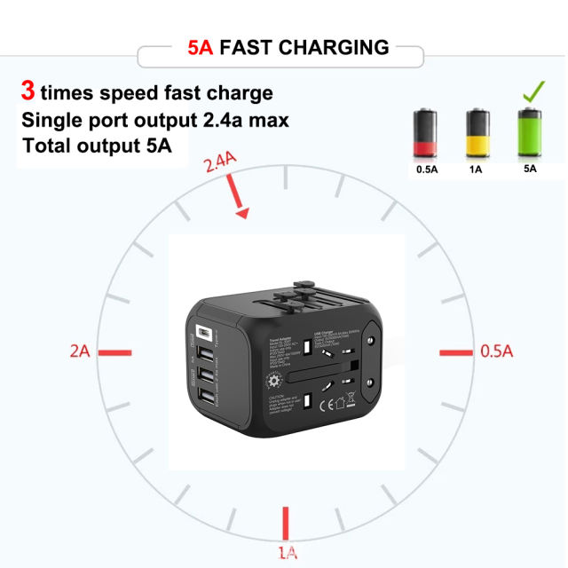XHDATA P-301 Universal Travel Charger Conversion Plug 100-250V 5A International Fast Charger 3 USB Ports+ Type-C Adapter