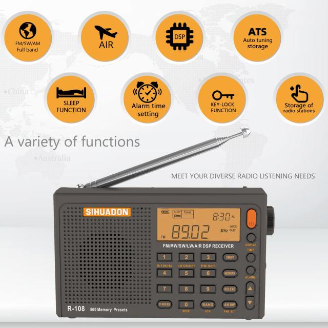 SIHUADON R-108 FM SW MW LW AIRBAND DSP Portable Radio ship from UK