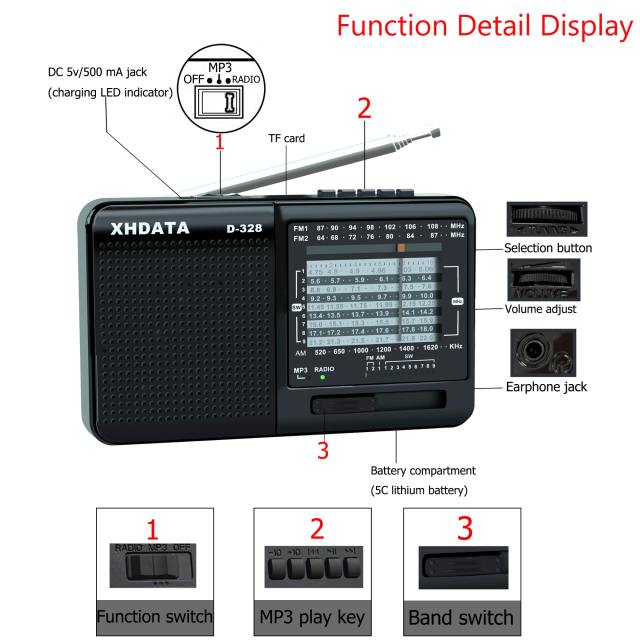 XHDATA D-328 Portable Radio FM AM SW Band MP3 Player Support TF Card