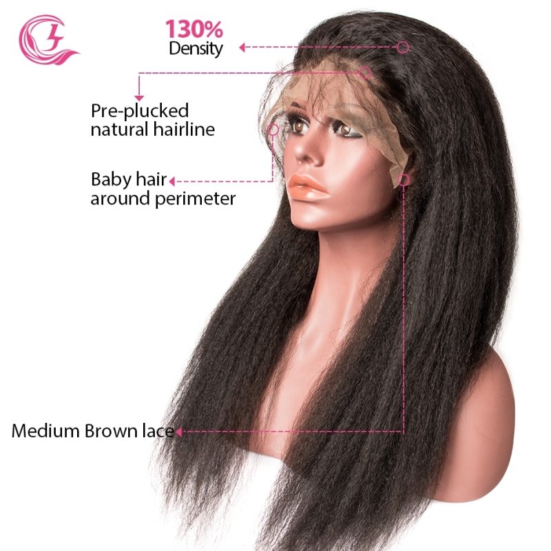 Virgin Hair Yaki Straight Lace Front Wig 130% Density  Medium Brown Lace Wholesale