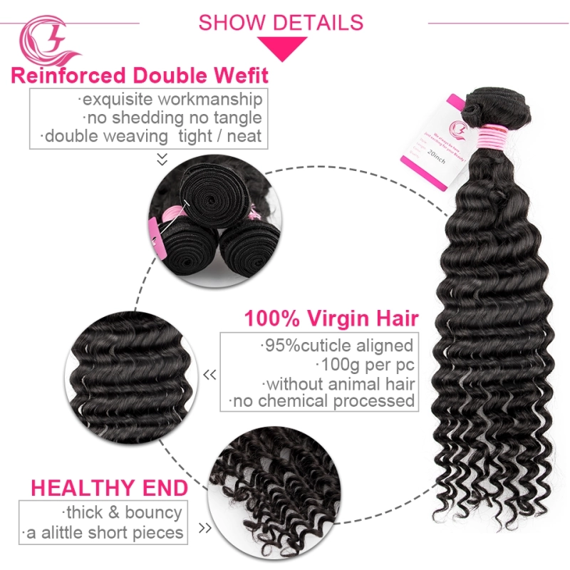 Virgin Hair of Deep Wave Bundle Natural black color 100g With Double Weft For Medium High Market