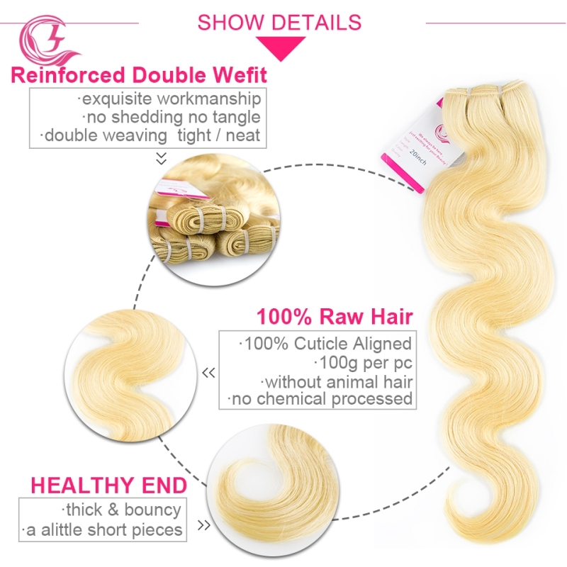 Unprocessed Raw Hair Body Wave Bundle #613 Blonde 100g With Double Weft