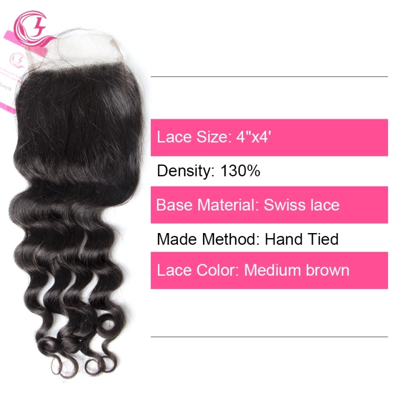 Virgin Hair of Ocean Curl  4X4 closure Natural black color 130 density For Medium High Marke