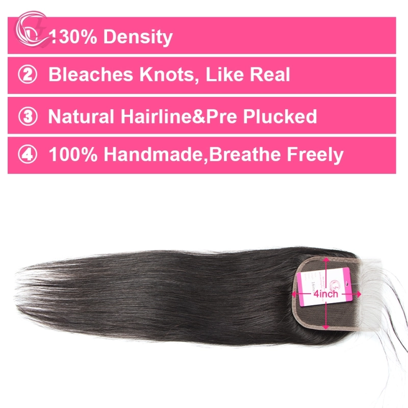 Virgin Hair of Straight 4X4 closure Natural black color 130 density For Medium High Marke