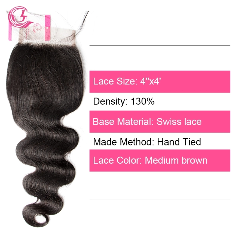 Virgin Hair of Natural Wave  4X4 closure Natural black color 130 density For Medium High Marke