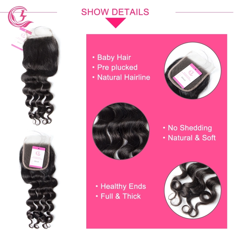 Virgin Hair of Ocean Curl  4X4 closure Natural black color 130 density For Medium High Marke