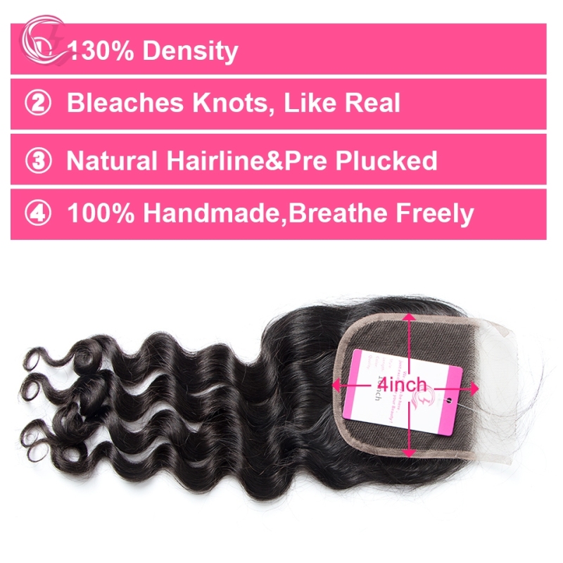 Virgin Hair of Ocean Curl  4X4 closure Natural black color 130 density For Medium High Marke